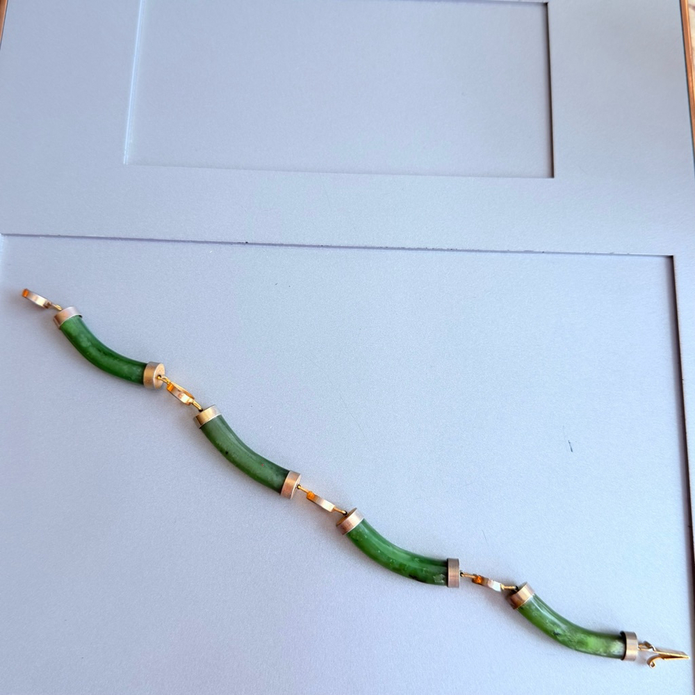 4 Lucky Wishes Natural Green Jade Nephrite Gold Tone Link Vintage Bracelet - Picture 7 of 9